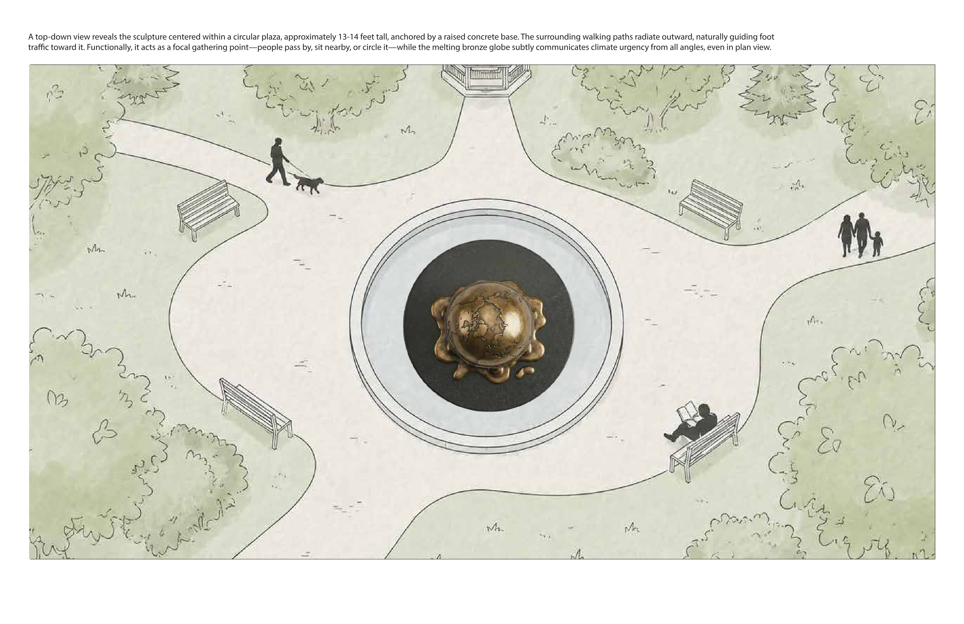 Top-down view of The Melting Point centered in a circular plaza with radiating paths