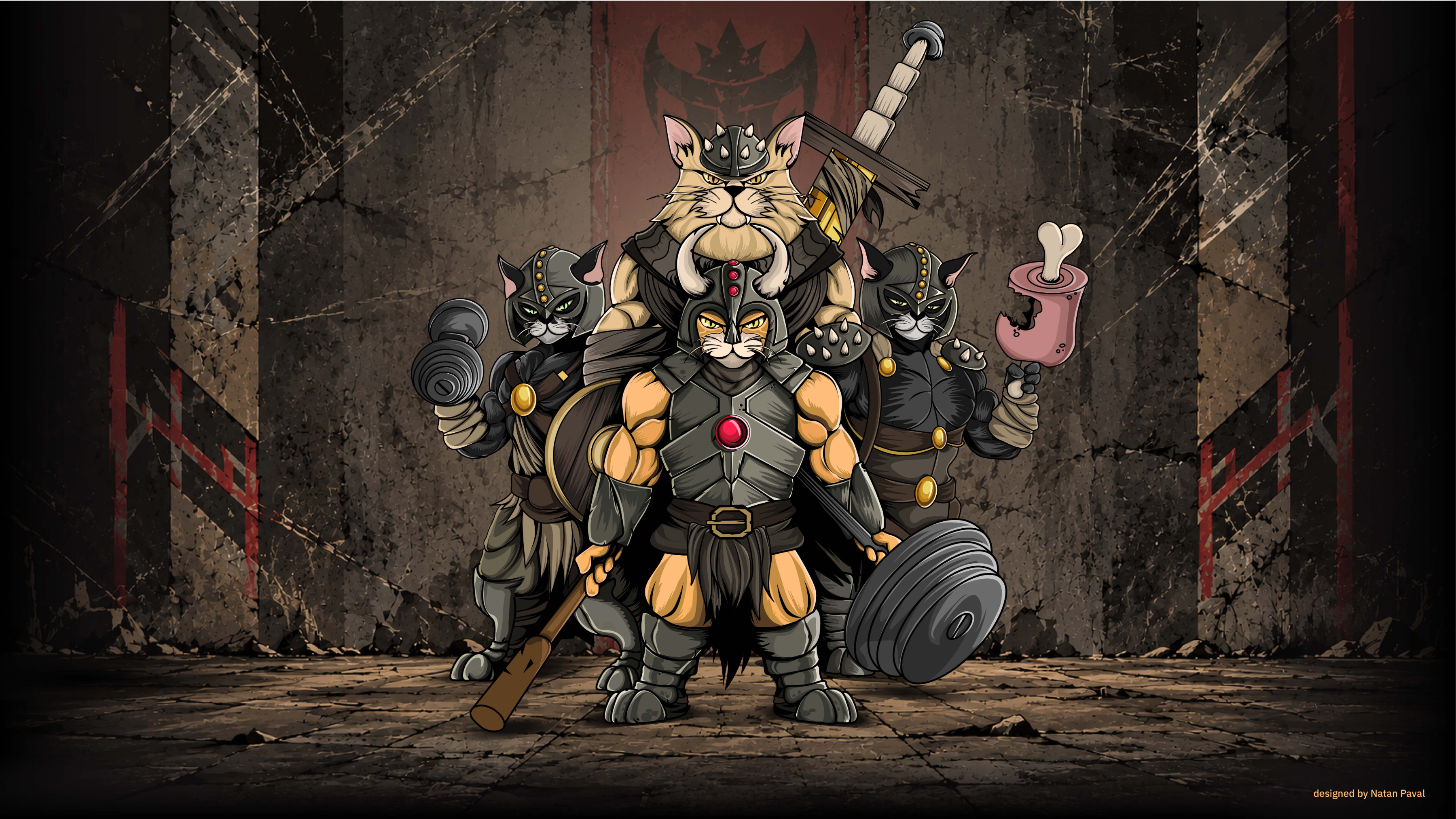 PURE LIEF warrior cat characters with gym-inspired armor and weapons