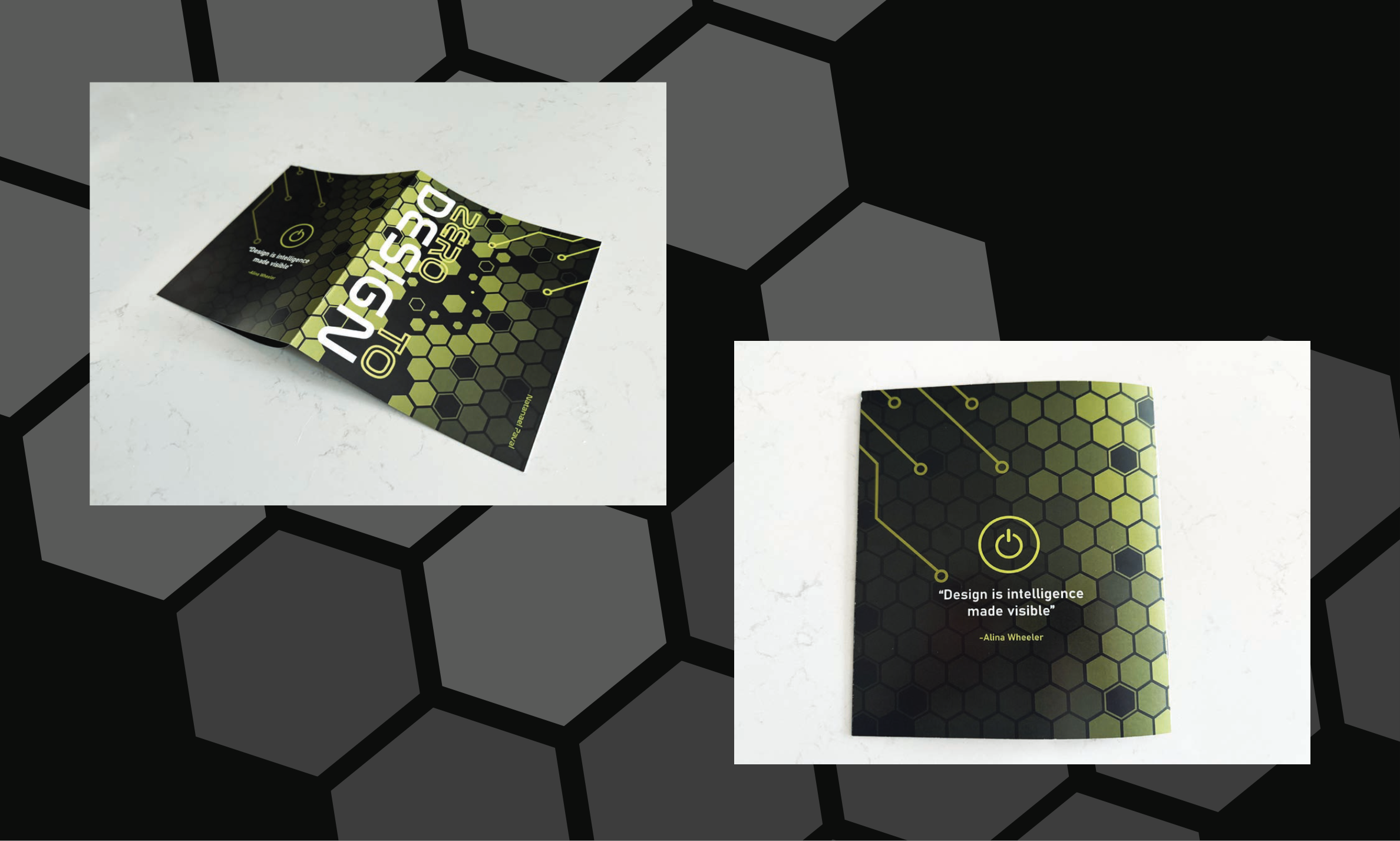 Printed booklet cover and interior mockups on a marble surface