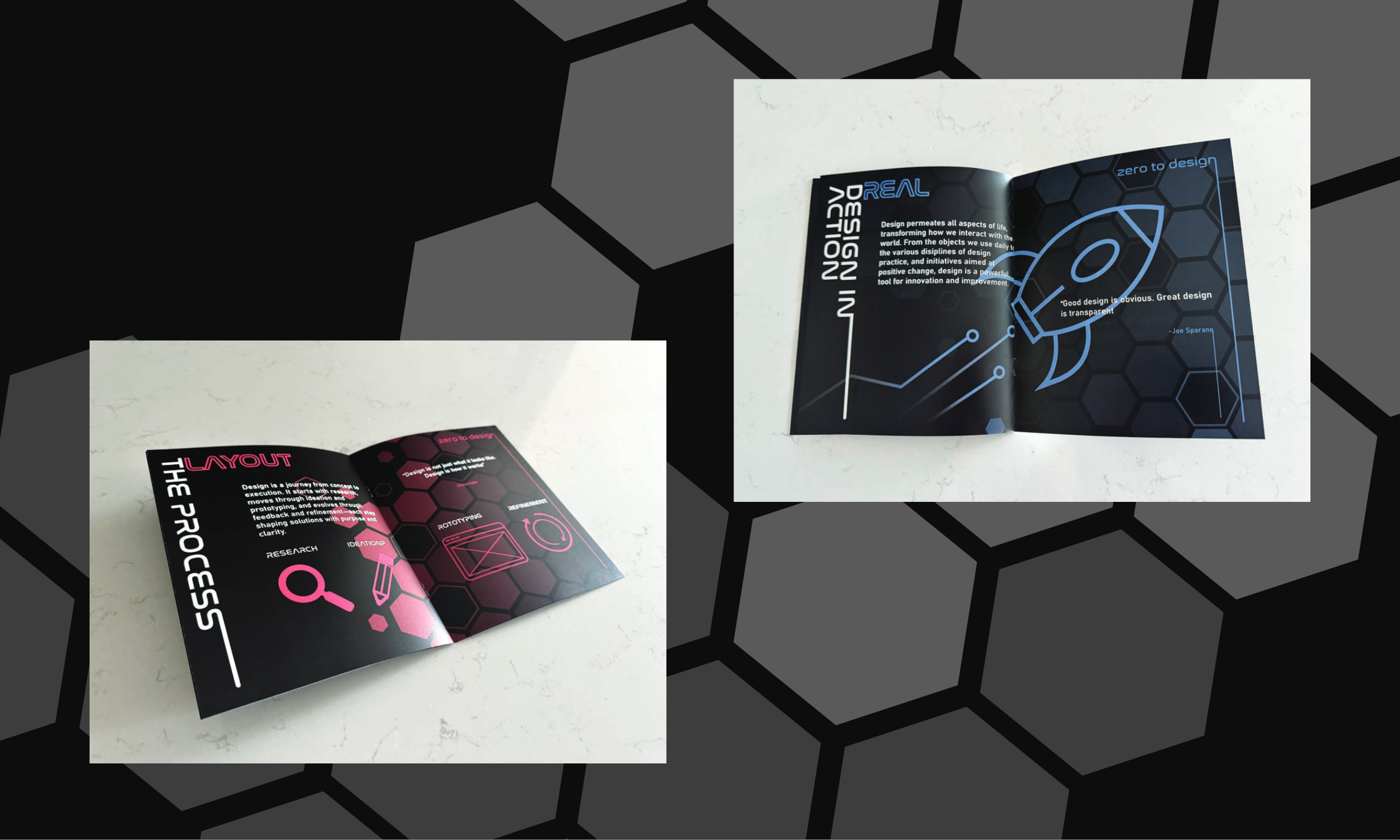 Open booklet mockups showing The Process and Design in Action spreads